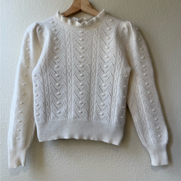 AQUA 100% Cashmere White Cropped Sweater Puff Sleeve Pointelle Knit XS - Picture 7 of 13